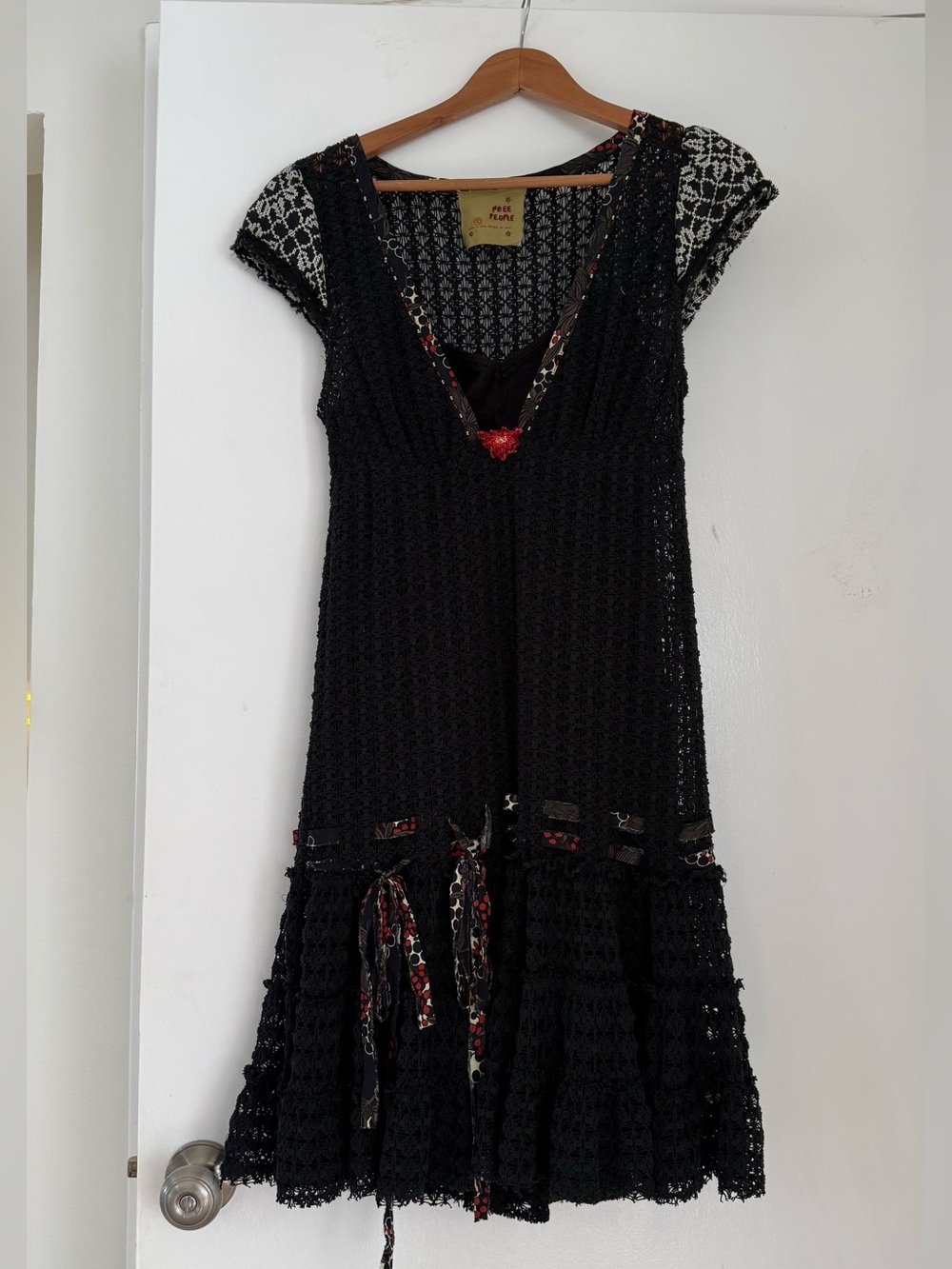Vintage Free People Black Crochet Drop Waist Cap Slv Boho Whimsygoth Midi Dress